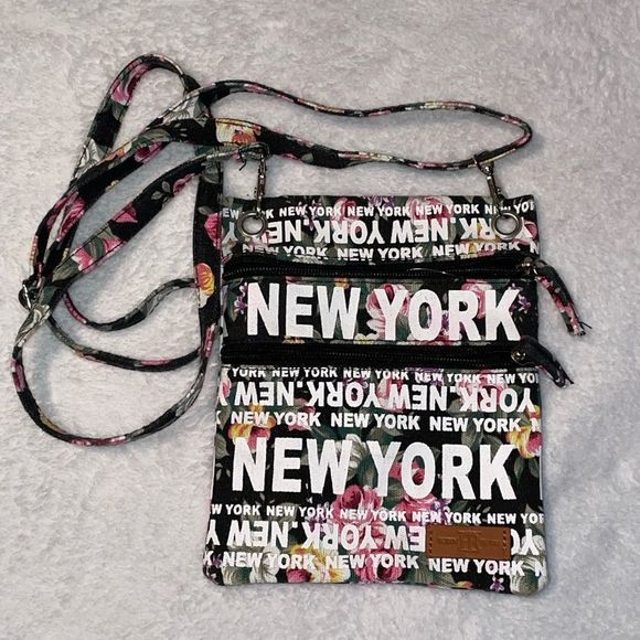 FLORAL "New York" Monogram Canvas Dual-Zipper Cross Body Bag - Picture 2 of 3